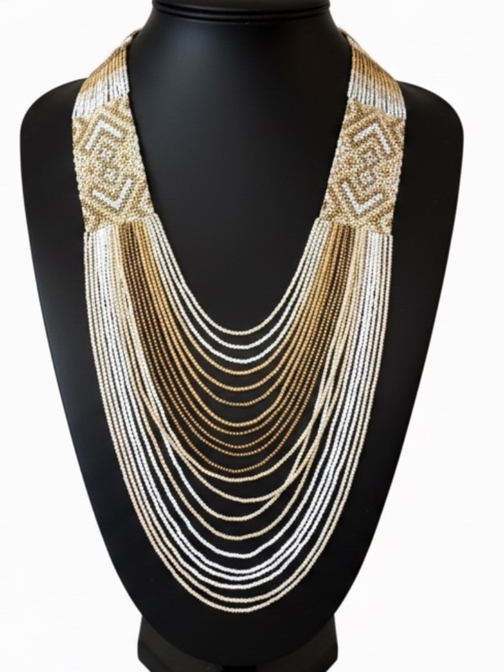 Womens Multi-Strand Beaded Brown White Necklace
